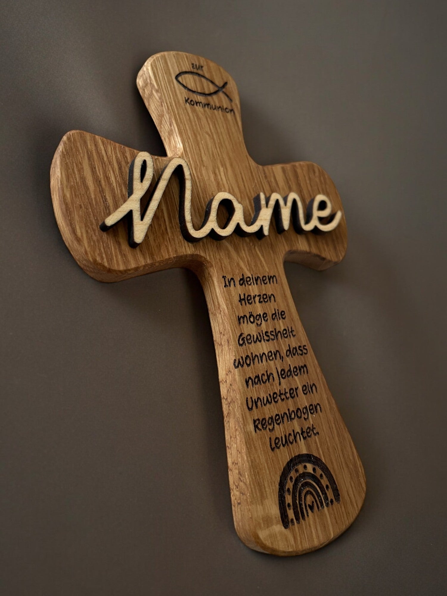 Vintage Holzkreuz personalisiert für Taufe, Kommunion, Konfirmation