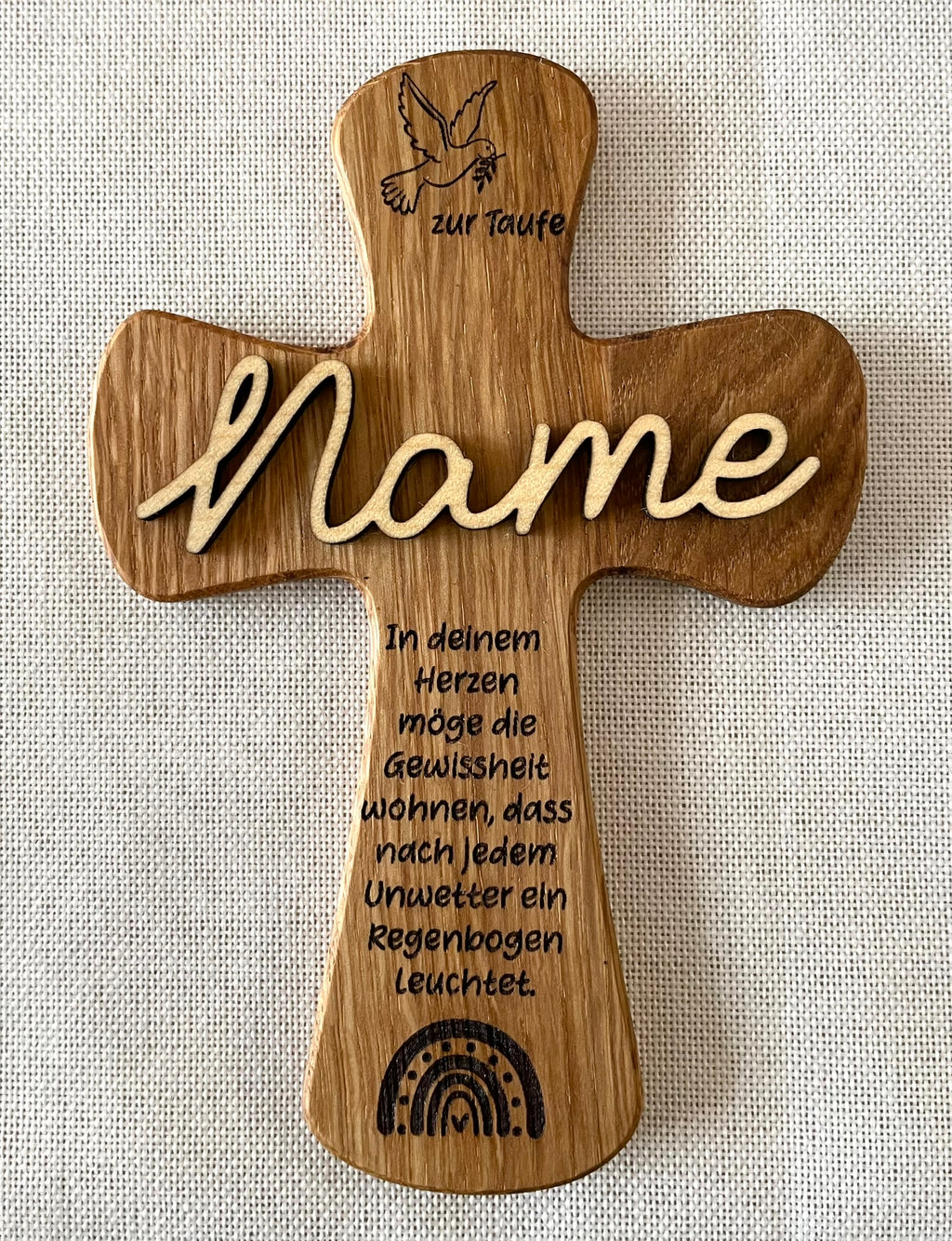 Vintage Holzkreuz personalisiert für Taufe, Kommunion, Konfirmation